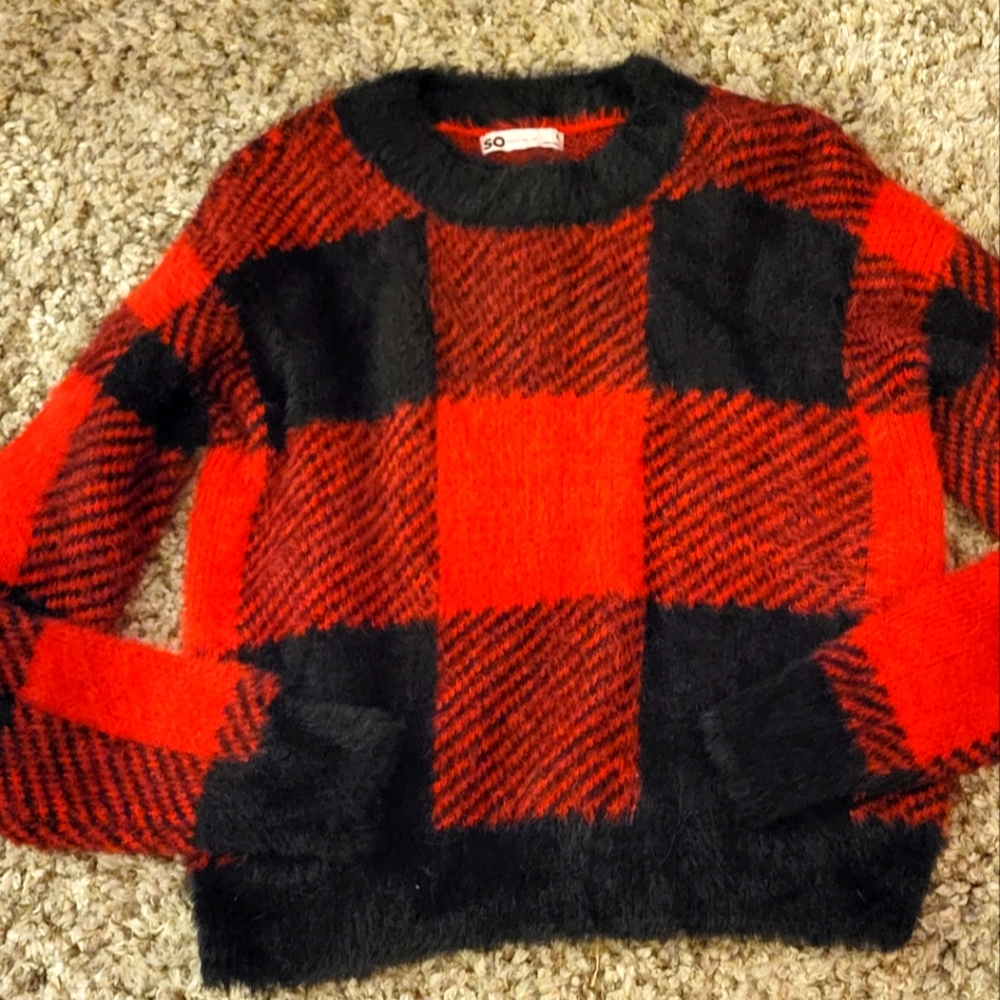 Juniors small red and black sweater